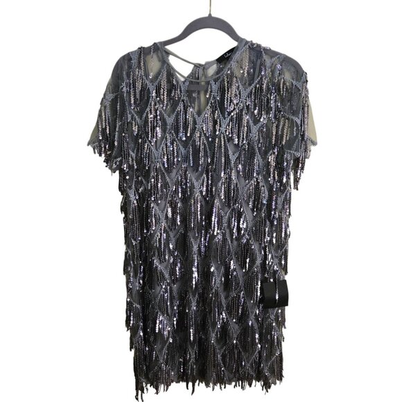 Lulus NWT On The Dance Floor Gray Sequin Front Shirt Sleeve Soft Dress Size L - Picture 2 of 12